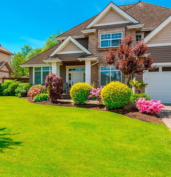 A charming, two-story house with a stone facade and gabled roof, surrounded by lush green lawn, vibrant pink and yellow shrubs, under a clear blue sky.