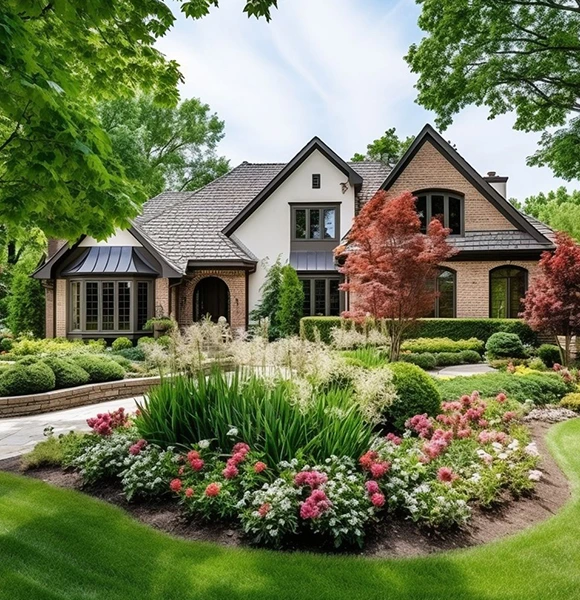Elegant brick house with steep gable roofs, surrounded by lush landscaping. Vibrant flowers and trimmed bushes create a serene, inviting atmosphere.