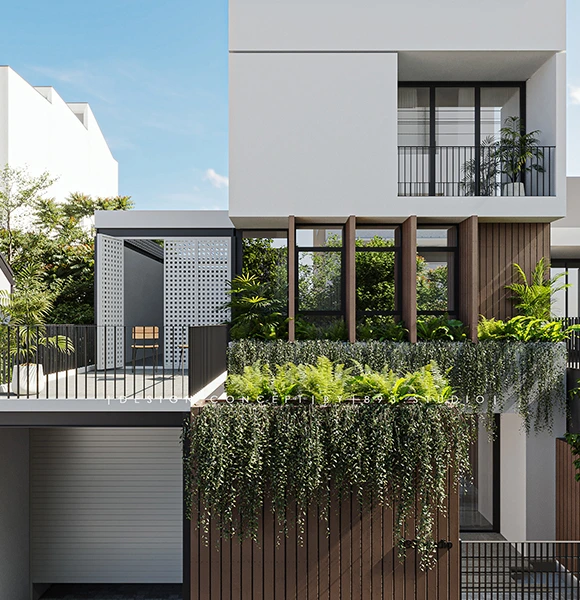 Modern house facade featuring white and wood paneling, large windows, and lush greenery. A sleek, contemporary design with a peaceful, natural vibe.